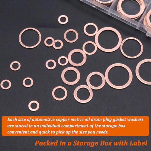 360PCS Crush Washer Oil Drain Plug,18 Sizes Copper Crush Washers Assortment Kit,Automotive Oil Pan Drain Plug Gasket M6 M8 M10 M12 M14 M16 M18 M20 M22 M24 - size: 360