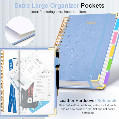 Hardcover Spiral Notebook 8"x10" Journal Notebook with Tabs and Removable Dividers 300 Pages 5 Subject Notebook College Ruled, Faux Leather Spiral Bound Notebook for Women School Work (Lake Blue) - color: Lake Blue, size: 8"x10"(B5)