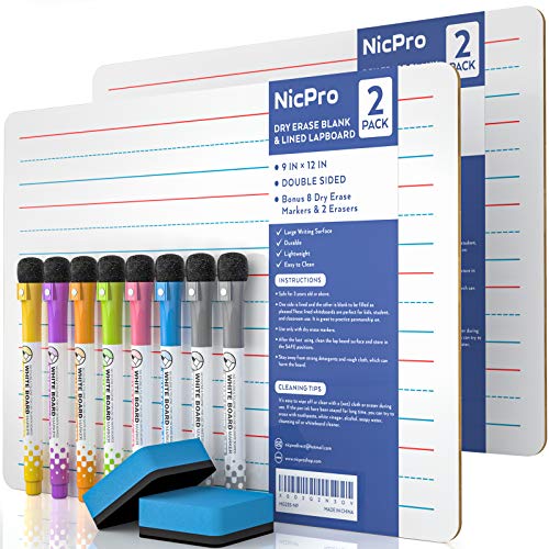 Nicpro Dry Erase Lap Board 9 x 12 inches 2 Pack Ruled Kid Double Sided - color: Lined, size: 2 Pack 9 × 12 inches