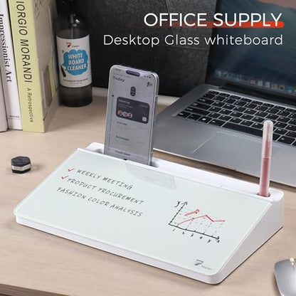 TOWON Compact Glass Desktop Whiteboard with Storage 12x7 in, White - color: White