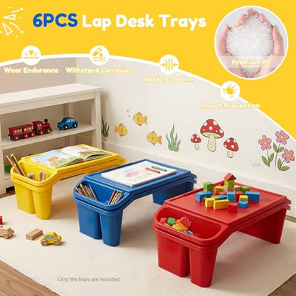 6 Pack Kids Lap Desk, Portable Activity Tray with Side Storage, Stackable Plastic Breakfast Laptop Trays for Home, Classroom, Daycare (Red+Blue+Yellow)