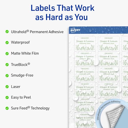 Avery Outdoor Waterproof Rectangle Labels with Sure Feed Technology, 1.25" x 1.75", White Film, Compatible with Laser Printers, 1600 Labels Total, Great for Product Branding, Packaging, and More - style: 1,600 labels