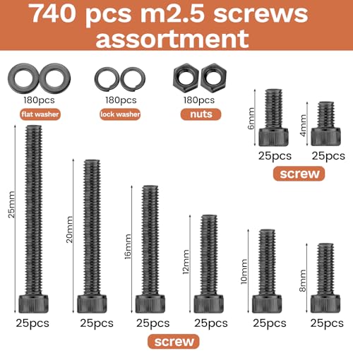 740 Pcs M2.5 Screws Kit M2.5 Screw Assortment Nuts and Bolts Assortment Kit Metric Machine Screw Kit, 12.9 Alloy Steel Black Zinc Plated Hex Socket Head Screws Nuts Bolts and Washers Set - color: Black, size: M2.5 740Pcs