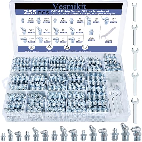 255PCS Grease Fittings Assortment,SAE & Metric Grease Zerk Fittings
