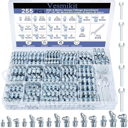255PCS Grease Fittings Assortment,SAE & Metric Grease Zerk Fittings