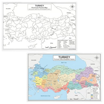Turkey Map Poster 11x17 | Laminated Double-Sided Geography Chart with Color Map Front & Blank Outline Back | Reusable Classroom & Homeschool Learning Tool - color: Turkey