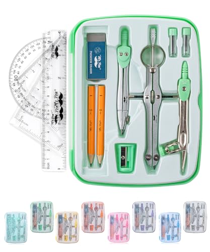 Mr. Pen- Geometry Set, 13 pcs, 3 Metal Compasses, Protractor, 6" Ruler | 45° & 30°/60° Set Squares, Pencils, Lead Refills, Sharpener & Eraser for Math, Drafting & Classroom Use - color: Mint Green