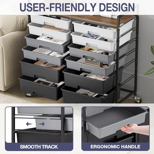 TOOLF 12 Drawers Rolling Storage Cart with Wooden Top for Classroom,Grey - color: Grey