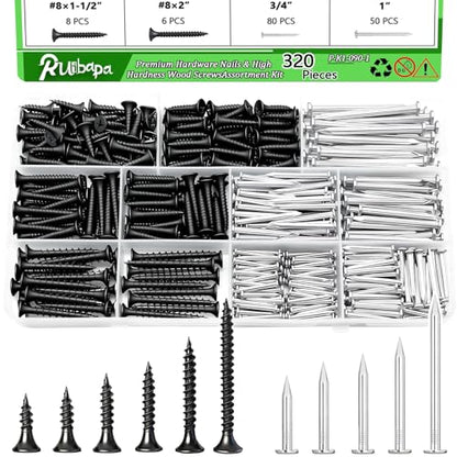 320Pcs Premium Hardware Nails & High Hardness Black Drywall Screws Assortment Kit,11 Sizes (1/2"-2"),Phillips Drive Flat Head, Wood Screws,Galvanized,Picture Hanging,Common Nails with Storage Box - size: 322PCS