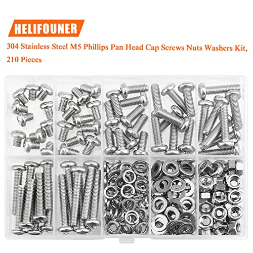 HELIFOUNER 210 Pieces M5 x 6mm /8mm /12mm /16mm /20mm /25mm /30mm, Phillips Pan Head Machine Screws, Metric Screws Bolts Washers Nuts Kit, 304 Stainless Steel - size: M5, style: Phillips Pan Head Machine Screws