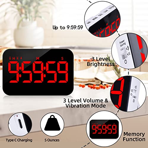 PERSUPER Digital Timer Kitchen Timer Count Down Up Rechargeable Kitchen Gadgets Vibration Mode Adjustable Volume and Brightness LED Display Time Management for Cook, Desk, Kids Adults Study Teaching - color: Red