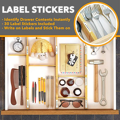 SpaceAid Bamboo Drawer Dividers with Inserts and Labels, Kitchen Adjustable Drawer Organizers, Expandable Organization for Home, Office, Dressers and Bathroom, 6 Dividers with 12 Inserts (13.25-17 in) - size: 13.25-17 inch