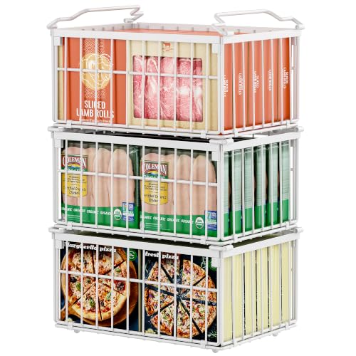 Freezer Organizer Bins, 3 Pack Enlarged Baskets for 5-9 Cu.FT Deep Freezer - color: white 3 pack