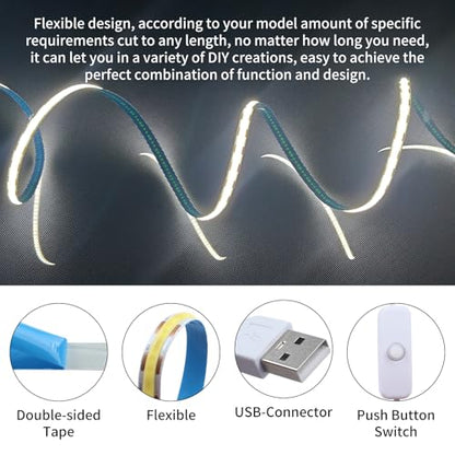 3D Printer Accessories 5V COB LED Strip Light Kit: 5m Cuttable White Uniform Lamp Width 8mm Flexible Waterproof High Density Lights with Adapter Switch for 3D DIY Lighting Printing Project