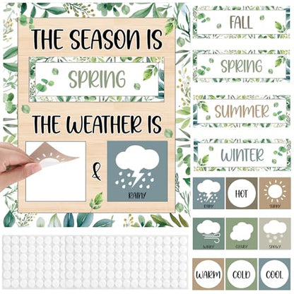 Eucalyptus Leaves Season and Weather Calendar Bulletin Board Season Calendar Posters with Weather Cards Hook and Loop Dots for Classroom Wall Decor Preschool Kindergarten Student Teacher Supplies - style: Eucalyptus Leaves