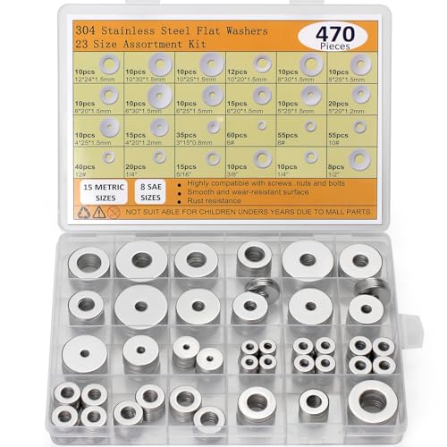 470pcs Fender Washers 304 Stainless Steel Flat Washers 23 Sizes SAE+Metric Assorted Washers Set Assortment Washer Kit for Screws Bolts (M3 M4 M5 M6 M8 M10 M12 6# 8# 10# 1/4 5/16 3/8 1/2)
