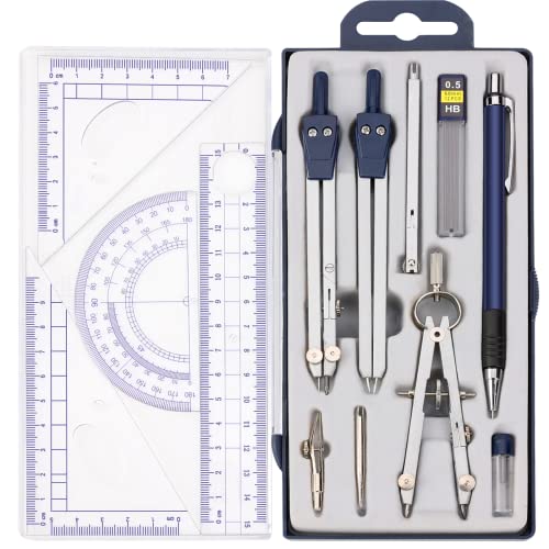 13 Pcs Compass and Protractors Set Math Compass Geometry Tools with Box - color: Blue