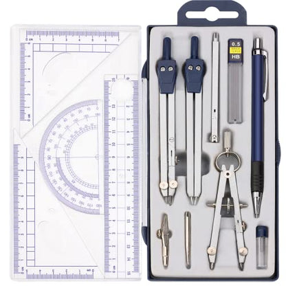 13 Pcs Compass and Protractors Set Math Compass Geometry Tools with Box - color: Blue
