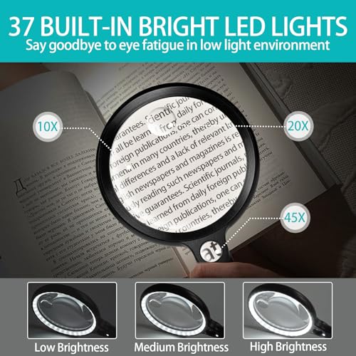 Large Magnifying Glass with 37 LED Light and Case, 10X 20X 45X Handheld - color: Black & White, size: Magnifier with Light (With Case)