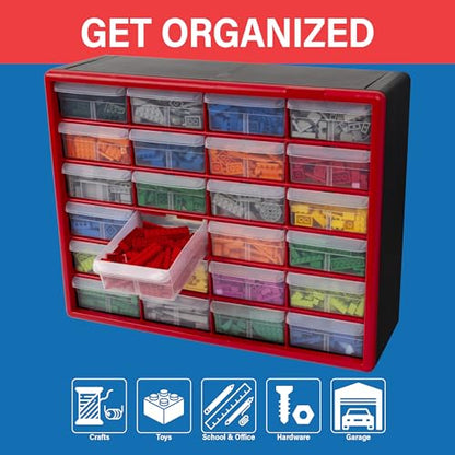 Akro-Mils 10124, 24 Drawer Plastic Parts Storage Hardware and Craft Cabinet, 20-Inch W x 6-Inch D x 16-Inch H, Red - color: Red, size: 24 Drawer, style: 1 Pack