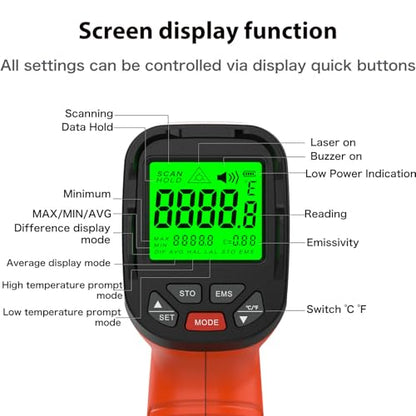 Infrared Thermometer Gun, 2732°F, 50:1, HVAC Grill Pizza Oven - color: Orange 2732°F