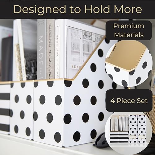BLU MONACO | Cardboard Magazine File Holder Set of 4 | Vertical Magazine File Holder for Desk and Shelves | Standing File Holder for Classroom School Paper Storage - color: Gold Dots Black Stripes