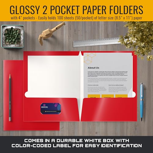 Better Office Products 2 Pocket Glossy Laminated RED Paper Folders, Letter Size, Paper Portfolios Box of 25 Red Folders - color: Red