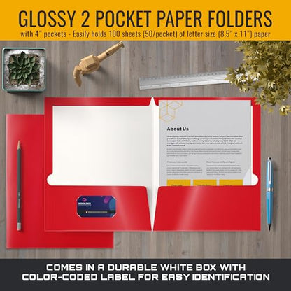 Better Office Products 2 Pocket Glossy Laminated RED Paper Folders, Letter Size, Paper Portfolios Box of 25 Red Folders - color: Red