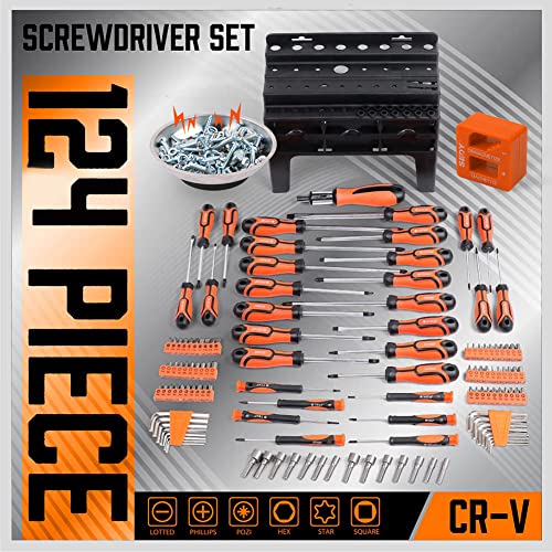 124-Piece Magnetic Screwdriver Set with Plastic Racking, Precision Screwdrivers, Magnetizer, Demagnetizer, Allen Keys, Nut Drivers, Ratchet Handles, Sockets & More - DIY Tools for Men, Tools Gift - color: 124 Pcs Master - Storage Rack