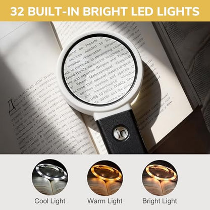 10X 25X Magnifying Glass with Light Stand, 32 LED Foldable Magnifier