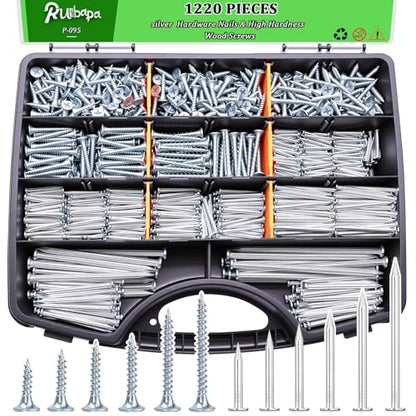 1220Pcs High Hardness Wood Screws & Premium Hardware Nails Assortment Kit, 13 Sizes (1/2''-4''),Phillips Drive Flat Head, Wood Screws, Galvanized, Picture Hanging, Wood, Common Nails with Storage Box - size: 1220PCS