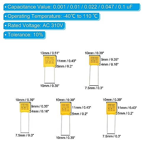 PATIKIL Safety Capacitors, 1 Set/25 Pcs 0.001/0.01/0.022/0.047/0.1uF AC 310V 5 Values Polypropylene Film Capacitor Assortment Kit