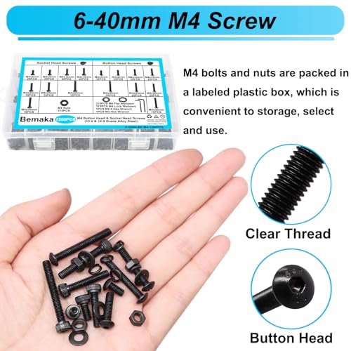 1260Pcs M4 Screw Kit, M4x6/8/12/16/20/25/30/40mm Metric Screws Bolts and Nuts Kit, 10.9 & 12.9 Grade Alloy Steel Button Head and Socket Head Screws, Metric Bolts for 3D Printing - color: BK-M4 x 6-40mm