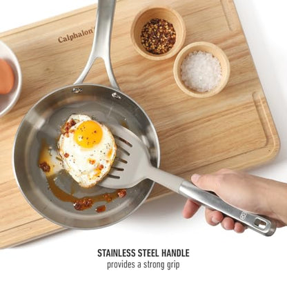Calphalon Prime Slotted Turner, Kitchen Flipping Spatula, Slotted Spatula with Silicone Head and Stainless Steel Handle, Heat Resistant Nonstick Cookware for Flipping and Draining (Taupe) - color: Taupe III, size: Slotted Turner