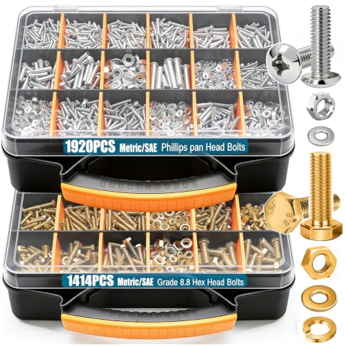 Taiss 3334pcs Nuts and Bolts Assortment Kit Grade 8.8 SAE & Metric Bolts - color: Gold & Silver-3129PCS