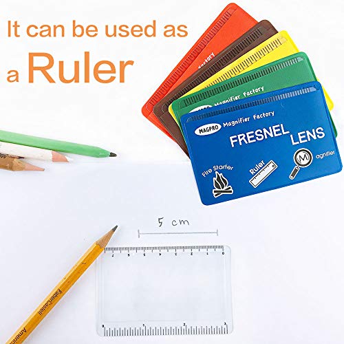 MagDepo 6 Pack Credit Card Size Magnifier Ruler Fresnel Lens Fire Starter Compact Plastic Magnifying Lens Wallet Pocket Magnifier for Reading Small Print, Maps, and Books -Red - color: Red