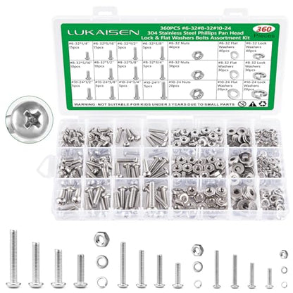 360Pcs Machine Screws #6-32#8-32#10-24 Bolt Nut Washer Kit,304SS - size: 360Pcs #6-32#8-32#10-24