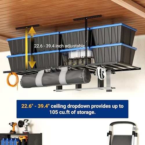 FLEXIMOUNTS 4x8 Overhead Garage Ceiling Storage Rack with 6 Hooks, Black - color: Black