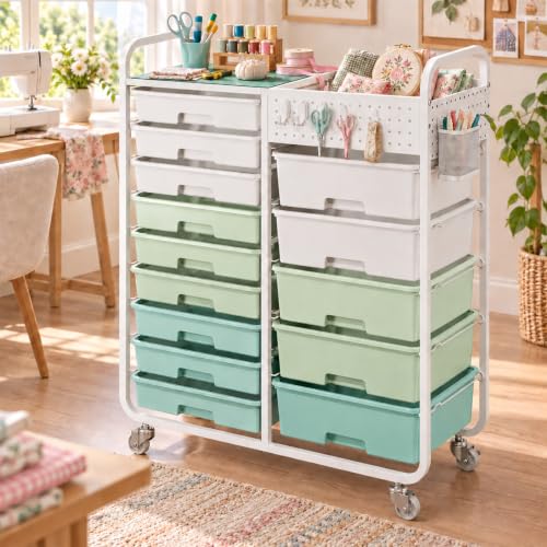 14 Drawer Rolling Storage Cart with Tabletop and Pegboard for Crafts Green - color: Green