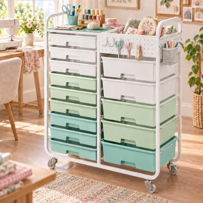 14 Drawer Rolling Storage Cart with Tabletop and Pegboard for Crafts Green - color: Green