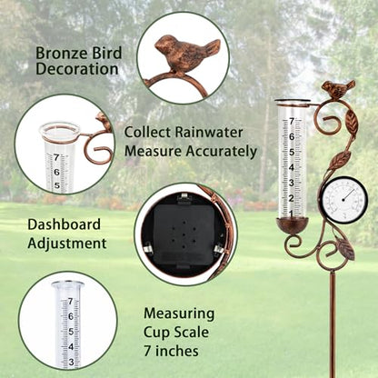 36in Bird Rain Gauge Thermometer Bronze Metal Garden Stake Decor - color: Bronze Bird