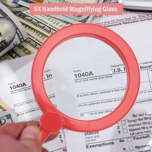 Rongon 5X Kids Magnifying Glass Handheld Jumbo Magnifiers with Stand (Red) - color: Red