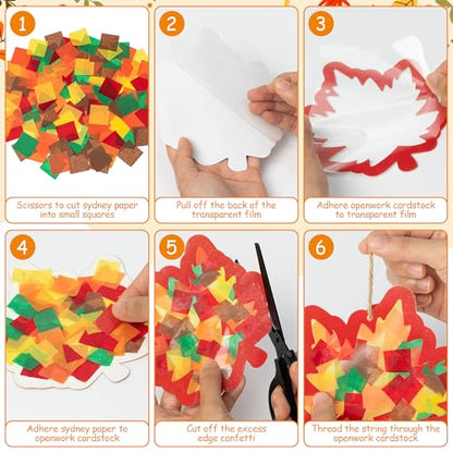 CJiangpo 24 Sets Fall Maple Leaves Suncatcher Paper Craft Kits, DIY Stained Glass Effect Window Ornament Rainbow Tissue Paper Art Craft Classroom Activities Supplies Thanksgiving Party Decor - style: Maple Leaves