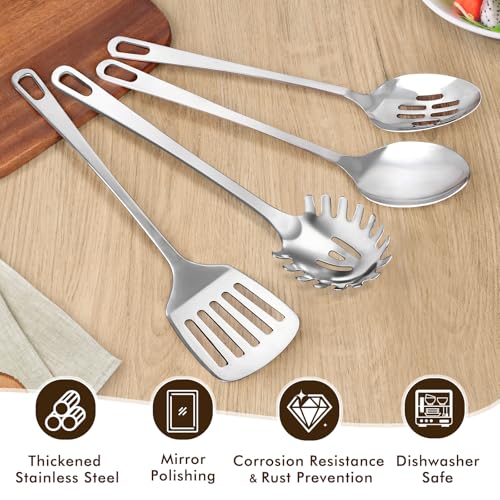 3 Pcs Stainless Steel Cooking Utensils Set, Heat Resistant Kitchen Utensils, Metal Kitchen Tools Include Solid & Slotted Spoon, Pasta Server, Ergonomic Handle, Dishwasher Safe, Easy to Clean, Silver - color: G. 3 Pieces