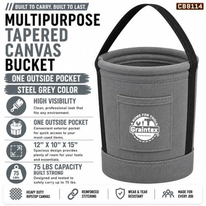 Graintex Tapered Canvas Bucket 12"x10"x15", Utility Tool Bucket One Inside Pocket, Reinforced Base & Carry Handle, Ripstop Canvas (Steel Grey) - color: Steel Grey