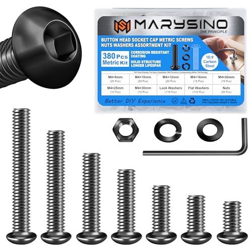 380 Pieces M4 Screw, Button Head Socket Cap Metric Screws Assortment Kit, Grade 10.9 Carbon Steel M4 Bolts and Washers/Nuts/Hex Wrenches, Black Oxided by Marysino - size: 380Pcs M4