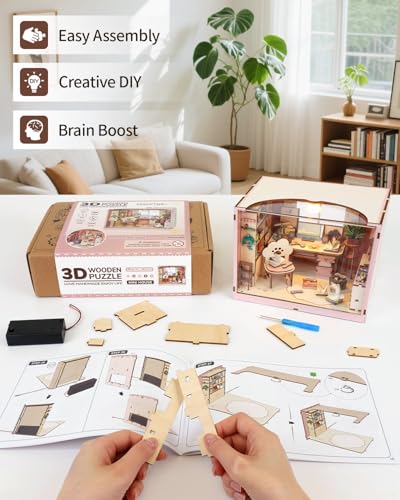 DIY Miniature House Kit-Study Room, 3D Wooden Puzzles with LED Light