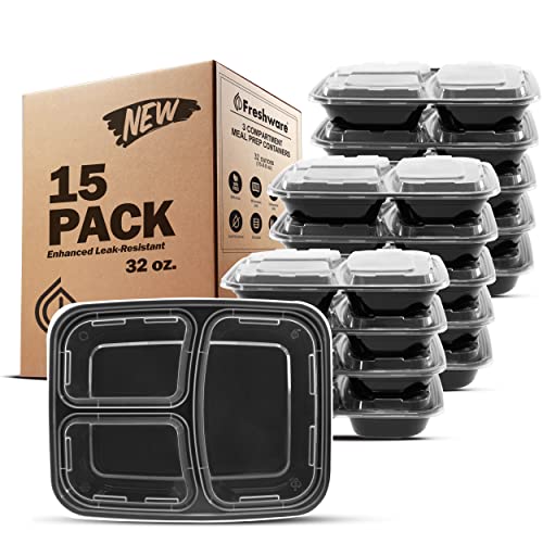 Freshware Meal Prep Containers [15 Pack] 3 Compartment with Lids, Food Containers, Lunch Box, BPA Free, Stackable, Bento Box, Microwave/Dishwasher/Freezer Safe (32 oz) - size: 32OZ-15PK