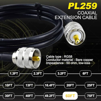RG58 Coaxial Cable 60FT, UHF PL259 Male to PL259 Male 50 Ohm Coax - color: 1-Pack PL259 Cable, size: 60ft