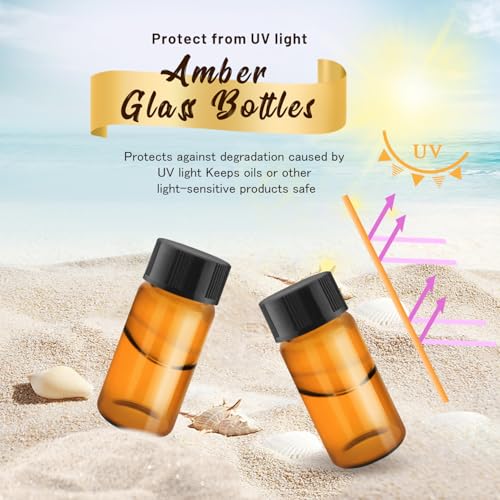 100 Pack,Glass Essential Oil Bottle with Screw Caps,Empty Refillable Travel Glass Liquid Sample Vial Labs Preservation Storage Leakproof Vials Test Container with Black Screw Caps (Amber, 5ml) - color: Amber, size: 5ml